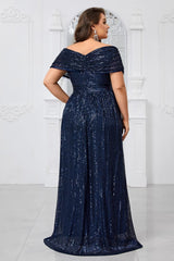 Shiny Sequin Plus Size V-Neck Dress – Shawl Sleeve Formal Evening Wear