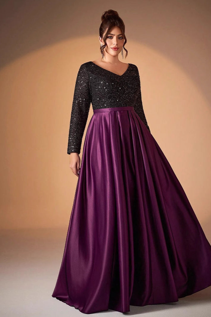 Black Satin Sequin Evening Gown – V-Neck Long Sleeve Elegant Prom & Host Dress