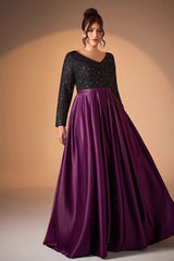 Black Satin Sequin Evening Gown – V-Neck Long Sleeve Elegant Prom & Host Dress