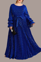 Plus Size Gold Velvet Evening Dress – Elegant Long Bell Sleeve Gown with Bronzing Design