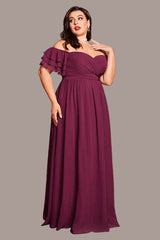 Plus Size One-Shoulder Evening Dress – Off-Shoulder Short Sleeve Gown with Slit