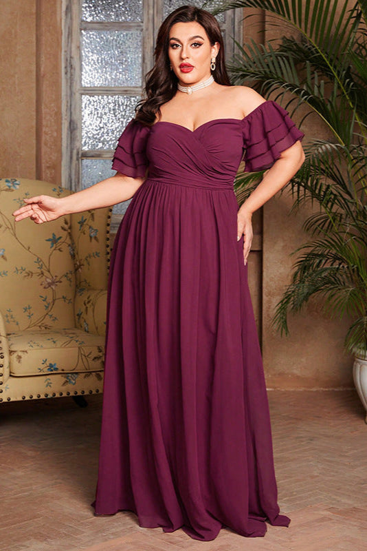 Plus Size One-Shoulder Evening Dress – Off-Shoulder Short Sleeve Gown with Slit