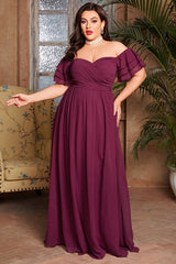 Plus Size One-Shoulder Evening Dress – Off-Shoulder Short Sleeve Gown with Slit