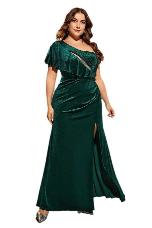 Plus Size Off-Shoulder Evening Dress – Elegant Slit Waist-Cinching Gown for Dinner Parties and Formal Events