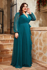 Plus Size Dress – Long Sleeve Chiffon Ruffle Mid-Length Gown