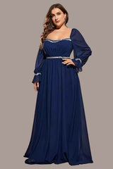 Plus Size Chiffon Evening Dress – Elegant Long Sleeve Square Neck Gown for Prom and Formal Parties