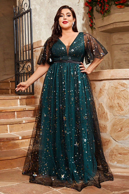 Fairy Style Evening Dress – Sparkling V-Neck Swing Gown with Puff Sleeves