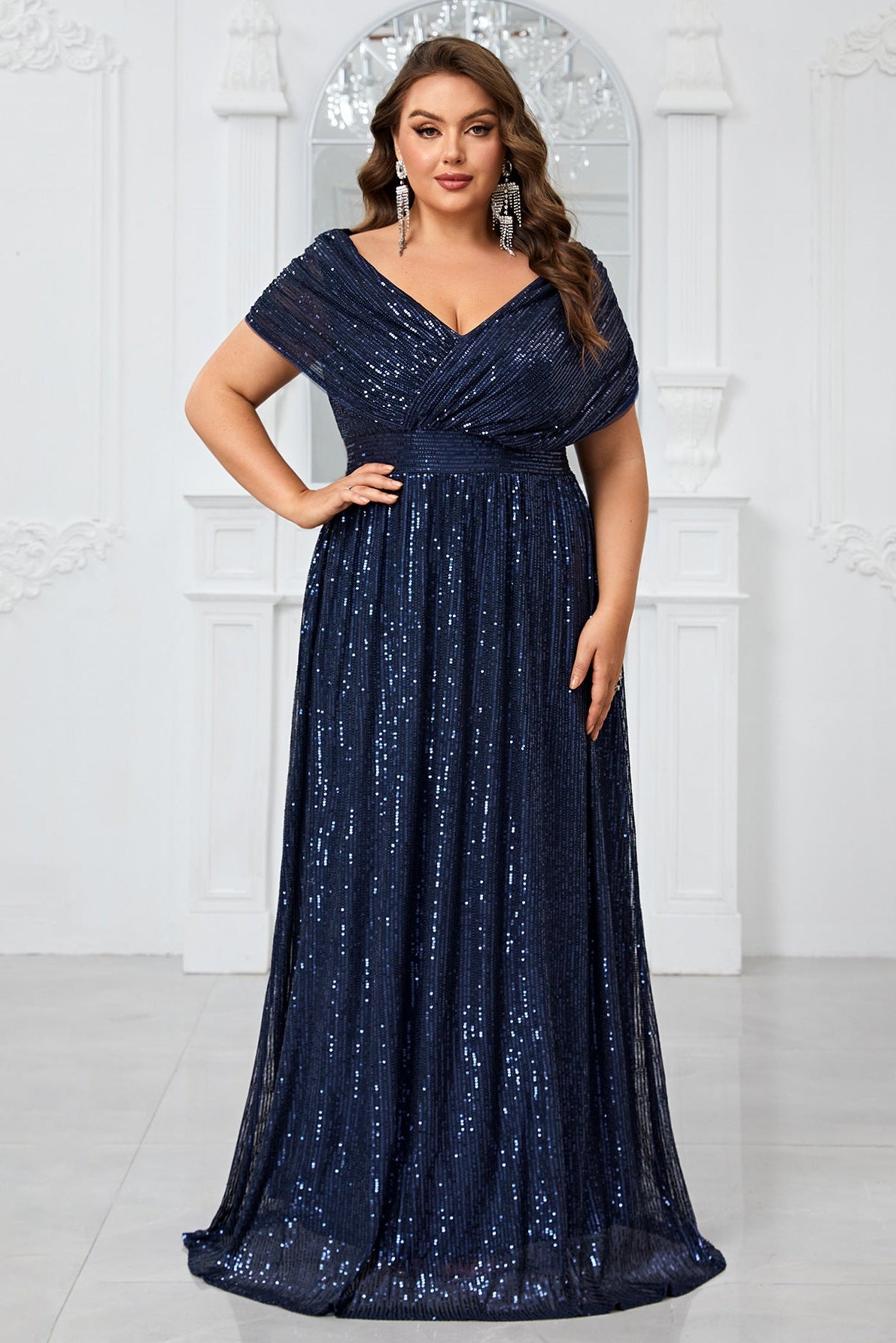 Shiny Sequin Plus Size V-Neck Dress – Shawl Sleeve Formal Evening Wear