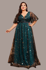 Fairy Style Evening Dress – Sparkling V-Neck Swing Gown with Puff Sleeves