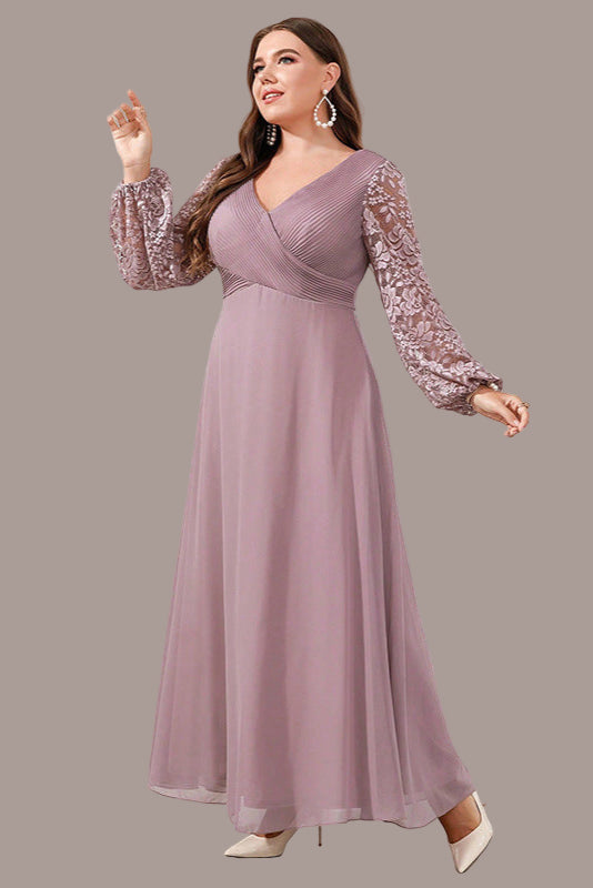 Plus Size Satin Evening Dress – V-Neck Long Sleeve Slim Gown with Sequins for Women