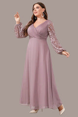 Plus Size Satin Evening Dress – V-Neck Long Sleeve Slim Gown with Sequins for Women