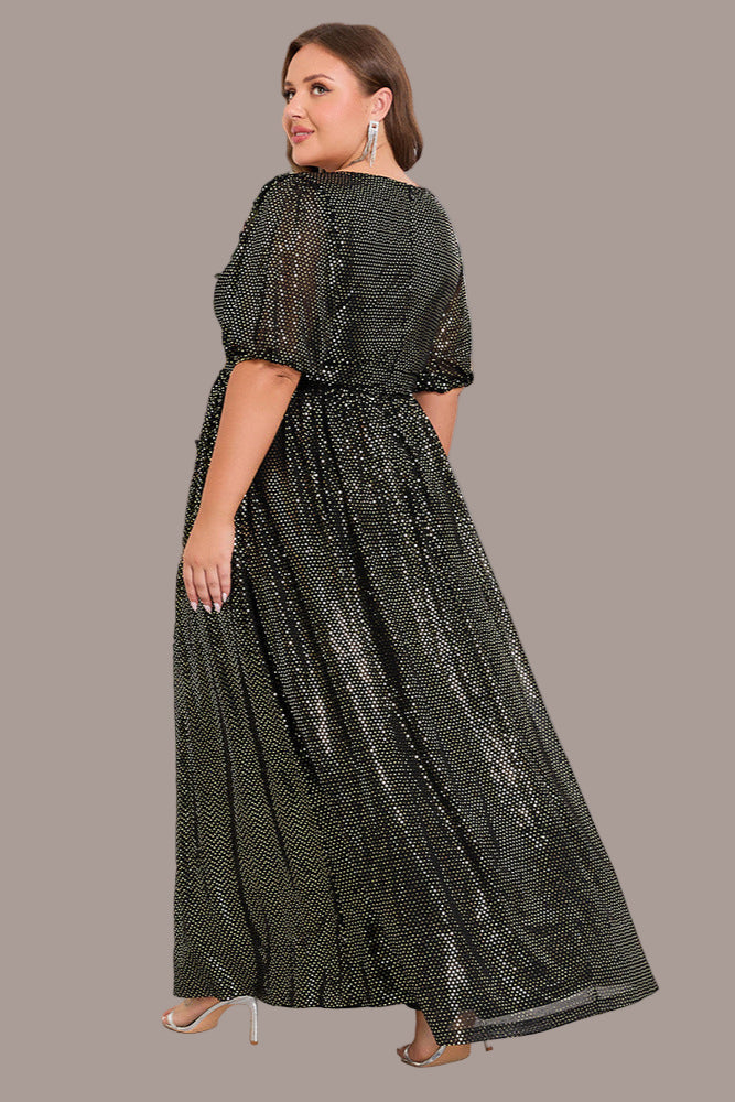 Plus Size Shiny V-Neck Formal Dress – Short Sleeve Swing Style with Back Zipper