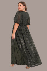 Plus Size Shiny V-Neck Formal Dress – Short Sleeve Swing Style with Back Zipper