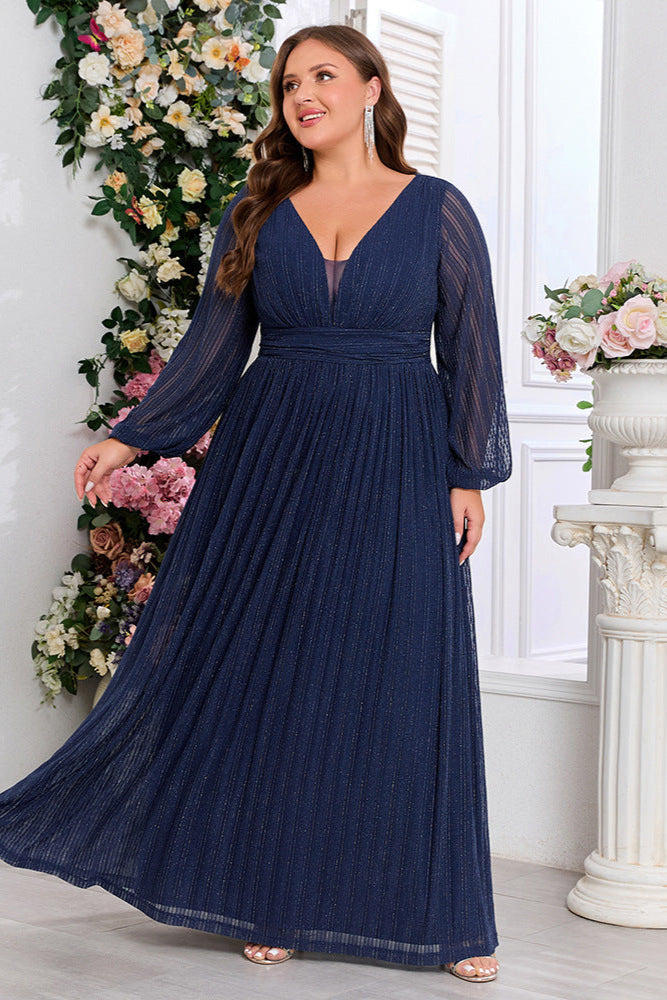 Plus Size Shiny Pleated V-Neck Evening Gown – Long Sleeve A-Line Formal Dress