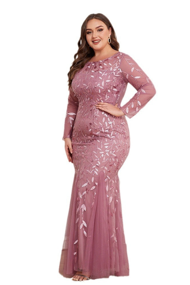 Plus Size Embroidered Evening Gown – Long Sleeve Round Neck Mermaid Formal Dress