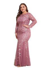 Plus Size Embroidered Evening Gown – Long Sleeve Round Neck Mermaid Formal Dress