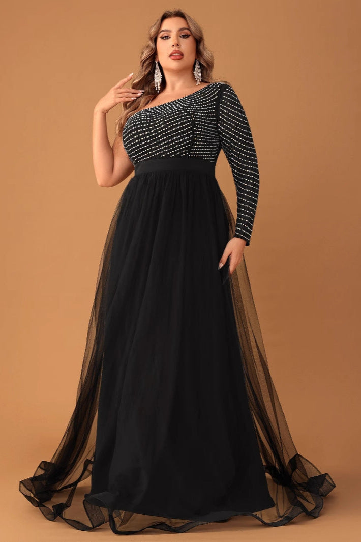 Plus Size One Sleeve Mesh Evening Dress – Elegant Diamond Patchwork Prom Party Gown