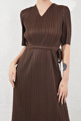 Pleats Please V-Neck Dress – Short-Sleeve Pleated Maxi, Loose Slimming Style