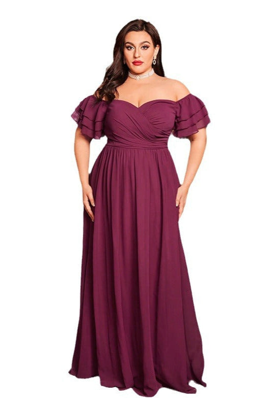 Plus Size One-Shoulder Evening Dress – Off-Shoulder Short Sleeve Gown with Slit