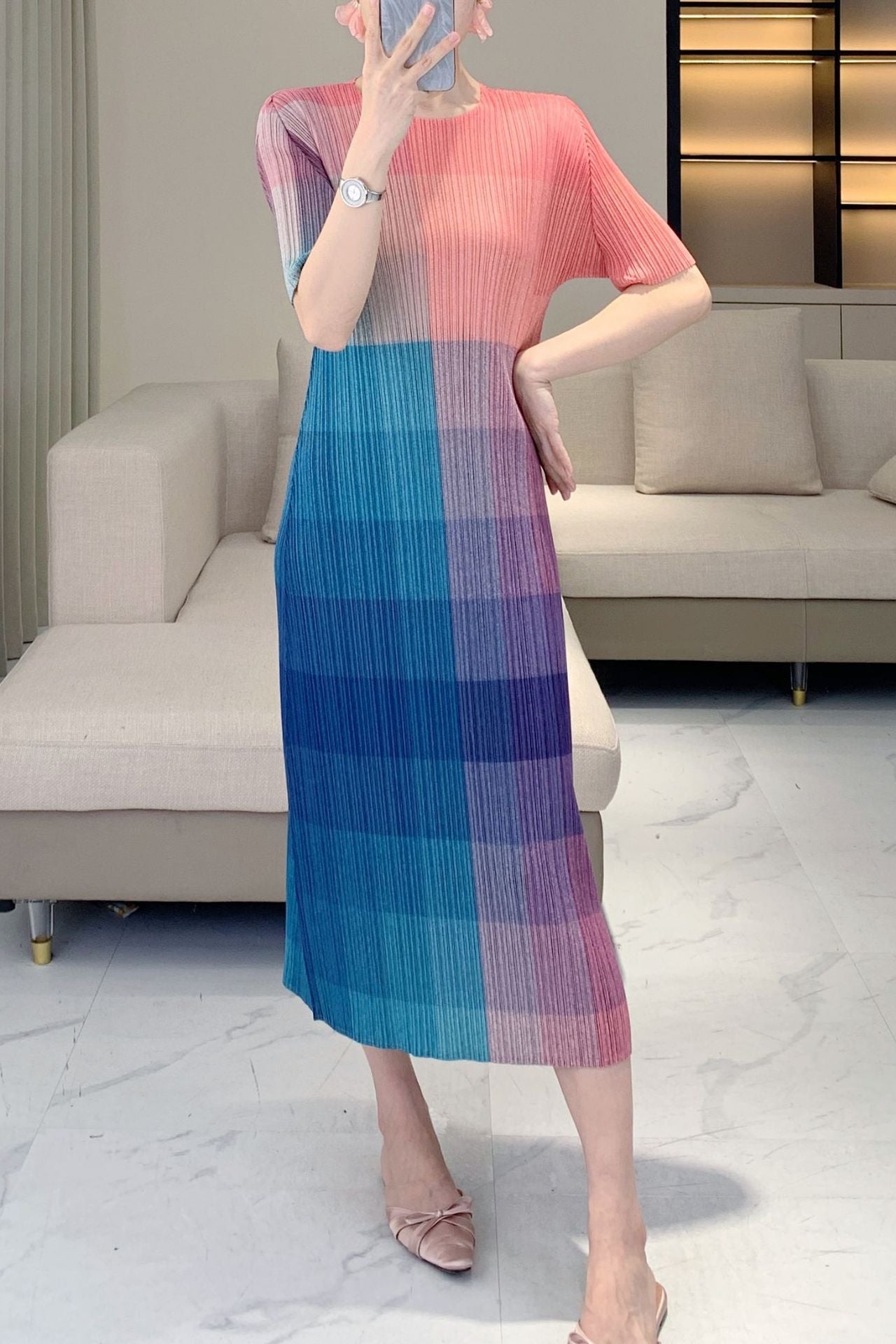 Women’s Colorblock Pleated Dress – Dopamine Bright Midi, Fashion Slim Fit Style