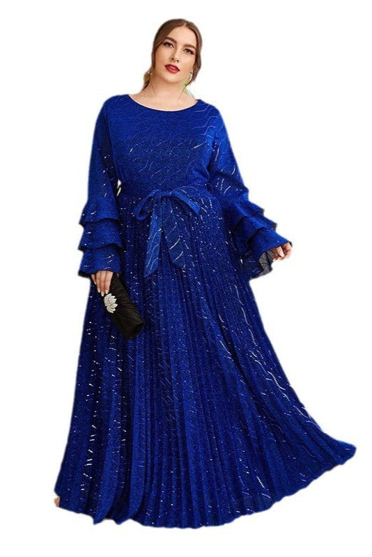 Plus Size Gold Velvet Evening Dress – Elegant Long Bell Sleeve Gown with Bronzing Design