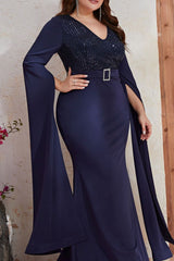 Plus Size Sequin Evening Dress – Long Sleeve V-Neck Gown with Slit