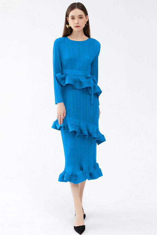 Pleated Ruffled Lace-Up Midi Dress – Slim Long Sleeve Women’s Style