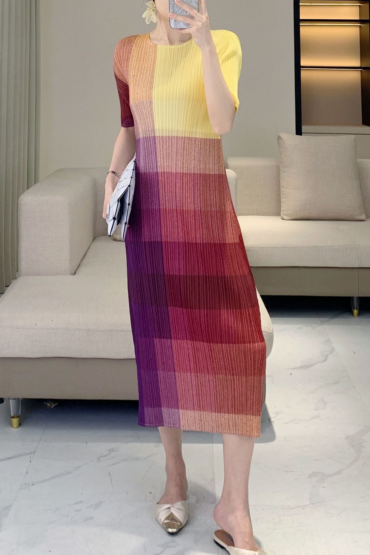 Women’s Colorblock Pleated Dress – Dopamine Bright Midi, Fashion Slim Fit Style