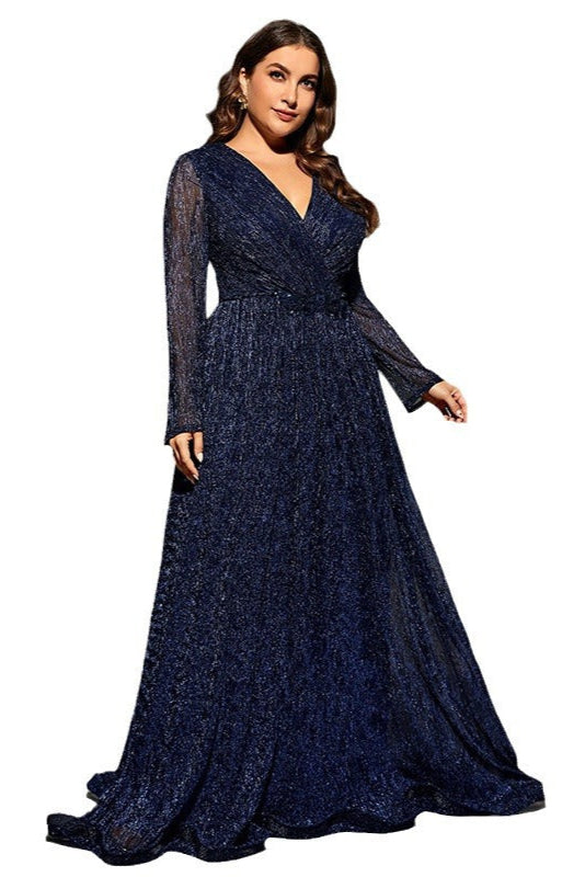 Plus Size Sequin Formal Dress – Noble Long Sleeve Evening Gown