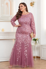 Plus Size Embroidered Evening Gown – Long Sleeve Round Neck Mermaid Formal Dress