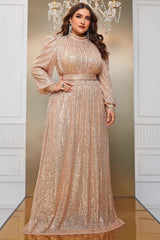 Plus Size High Neck Sequin Evening Dress – Long Sleeve Solid Color Banquet Gown