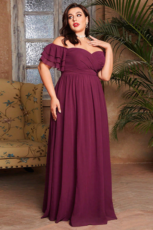 Chiffon Evening Dress – Straight Shoulder Long Bridesmaid and Bridal Gown with Loose Fit and Large Sleeves