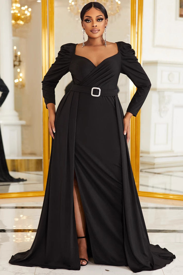 Plus Size Black V-Neck Evening Dress – Elegant Banquet Gown with Belt and Slit