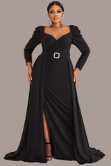 Plus Size Black V-Neck Evening Dress – Elegant Banquet Gown with Belt and Slit