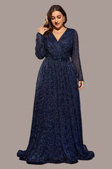 Plus Size Sequin Formal Dress – Noble Long Sleeve Evening Gown