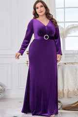 Elegant V-Neck Evening Dress – Long Sleeve Wrap Hip Party and Dinner Gown