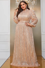 Plus Size High Neck Sequin Evening Dress – Long Sleeve Solid Color Banquet Gown
