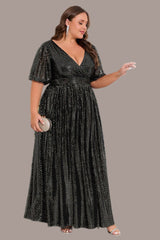 Plus Size Shiny V-Neck Formal Dress – Short Sleeve Swing Style with Back Zipper