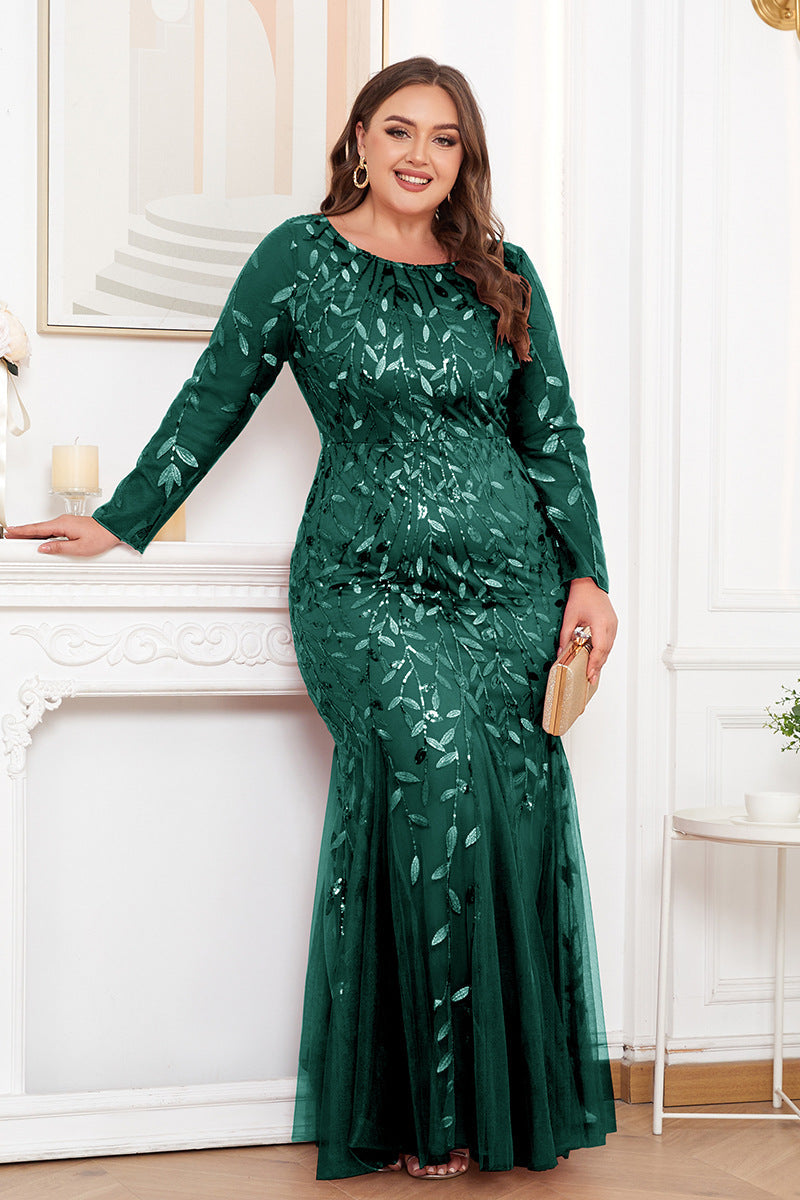 Plus Size Embroidered Evening Gown – Long Sleeve Round Neck Mermaid Formal Dress