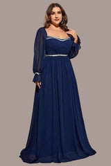Plus Size Chiffon Evening Dress – Elegant Long Sleeve Square Neck Gown for Prom and Formal Parties