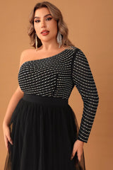 Plus Size One Sleeve Mesh Evening Dress – Elegant Diamond Patchwork Prom Party Gown