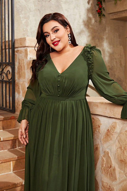 Green Long Sleeve Evening Dress – Elegant Plus Size Waist-Cinching Gown