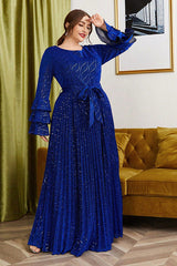 Plus Size Gold Velvet Evening Dress – Elegant Long Bell Sleeve Gown with Bronzing Design