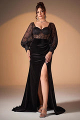 Sexy Long Sleeve Evening Dress – See-Through Low Cut Slit Gown