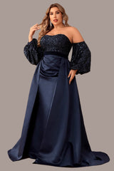 Plus Size off Shoulder Sequin Satin Evening Dress with Balloon Sleeve