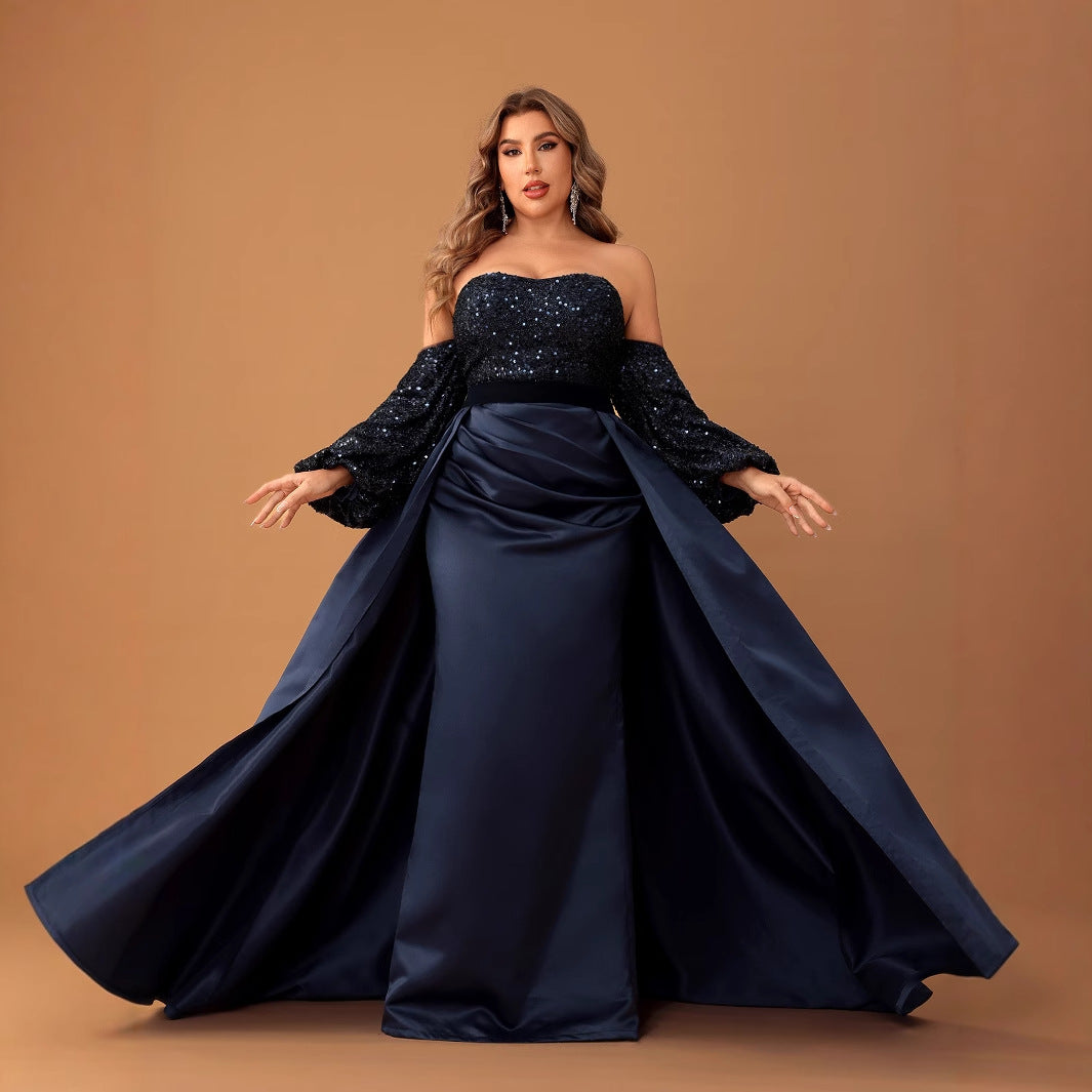Plus Size off Shoulder Sequin Satin Evening Dress with Balloon Sleeve