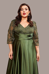 Plus Size Satin Evening Dress – Elegant V-Neck Long Sleeve Gown with Sequins and Slim Long Skirt for Women