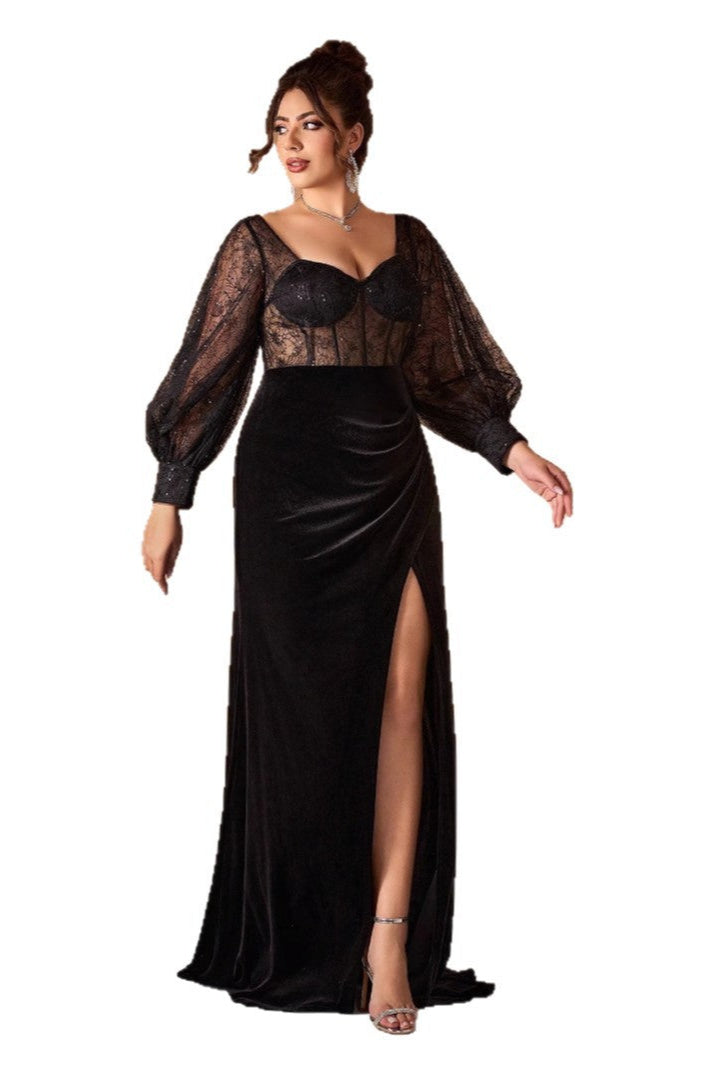Sexy Long Sleeve Evening Dress – See-Through Low Cut Slit Gown