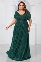 Shiny Sequin Plus Size V-Neck Dress – Shawl Sleeve Formal Evening Wear