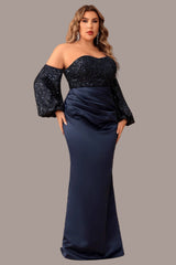Plus Size off Shoulder Sequin Satin Evening Dress with Balloon Sleeve